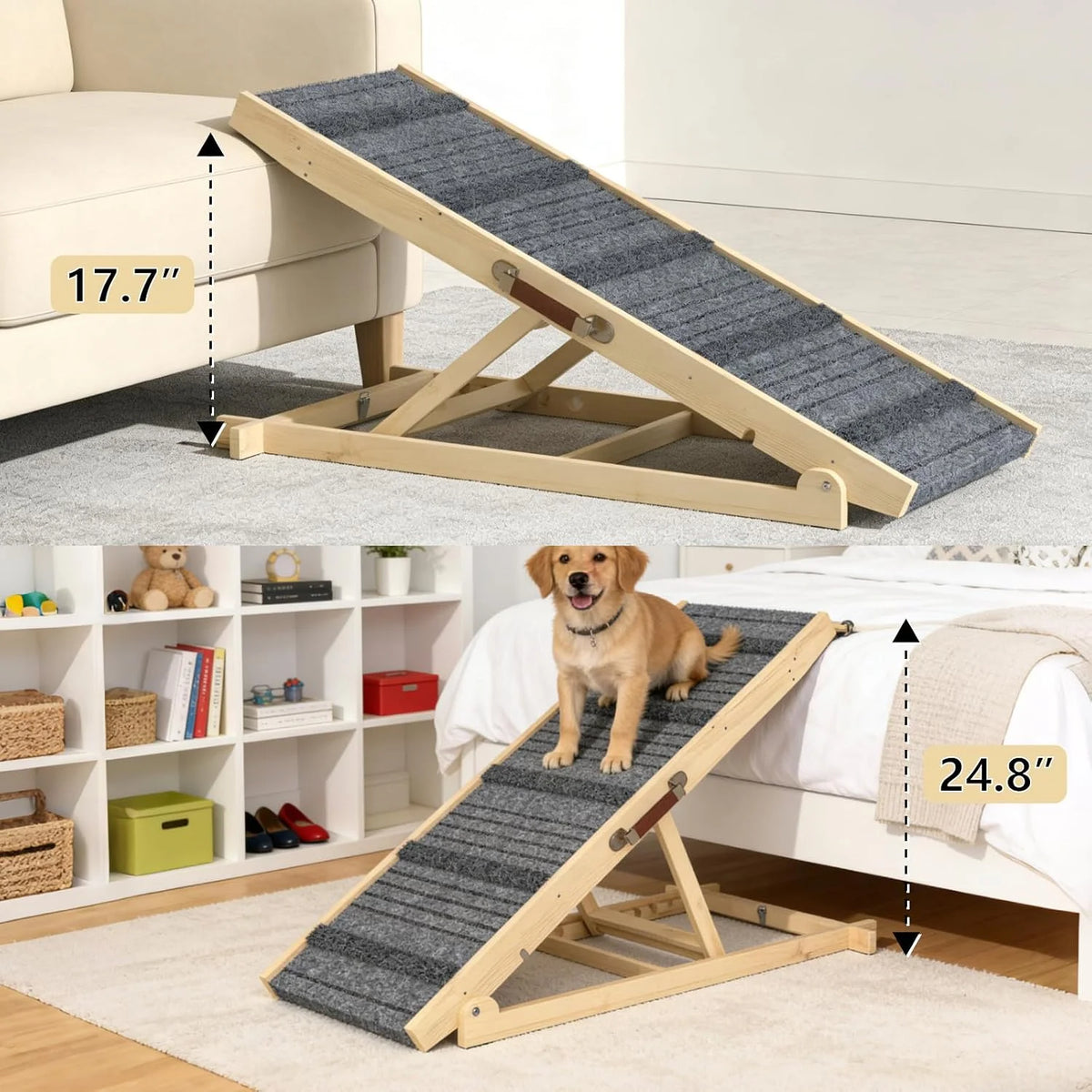 Evokeden Adjustable Wooden Folding Pet Ramp With Non Slip Surface