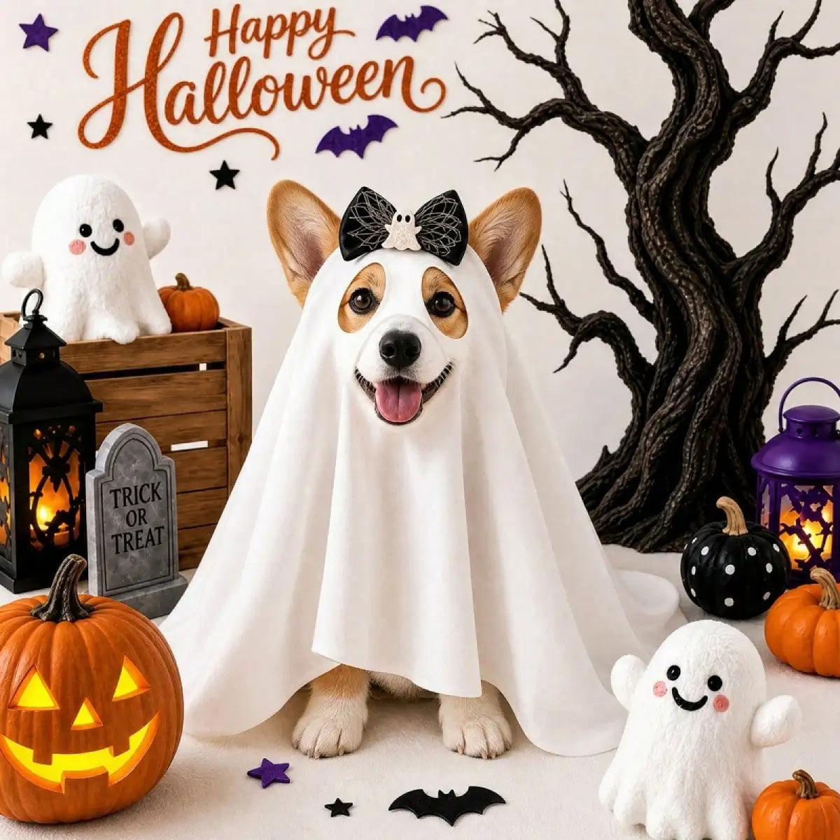 Funny Dog Halloween Ghost Costume With Bow Accessory For Pets