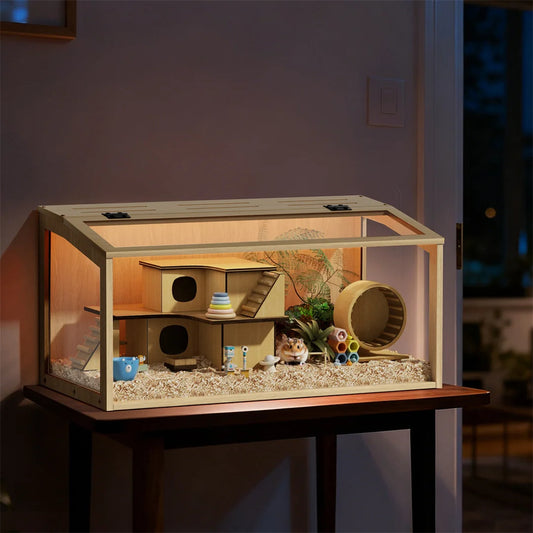 Chew Proof Wooden Hamster Cage With Glass And Led Lighting