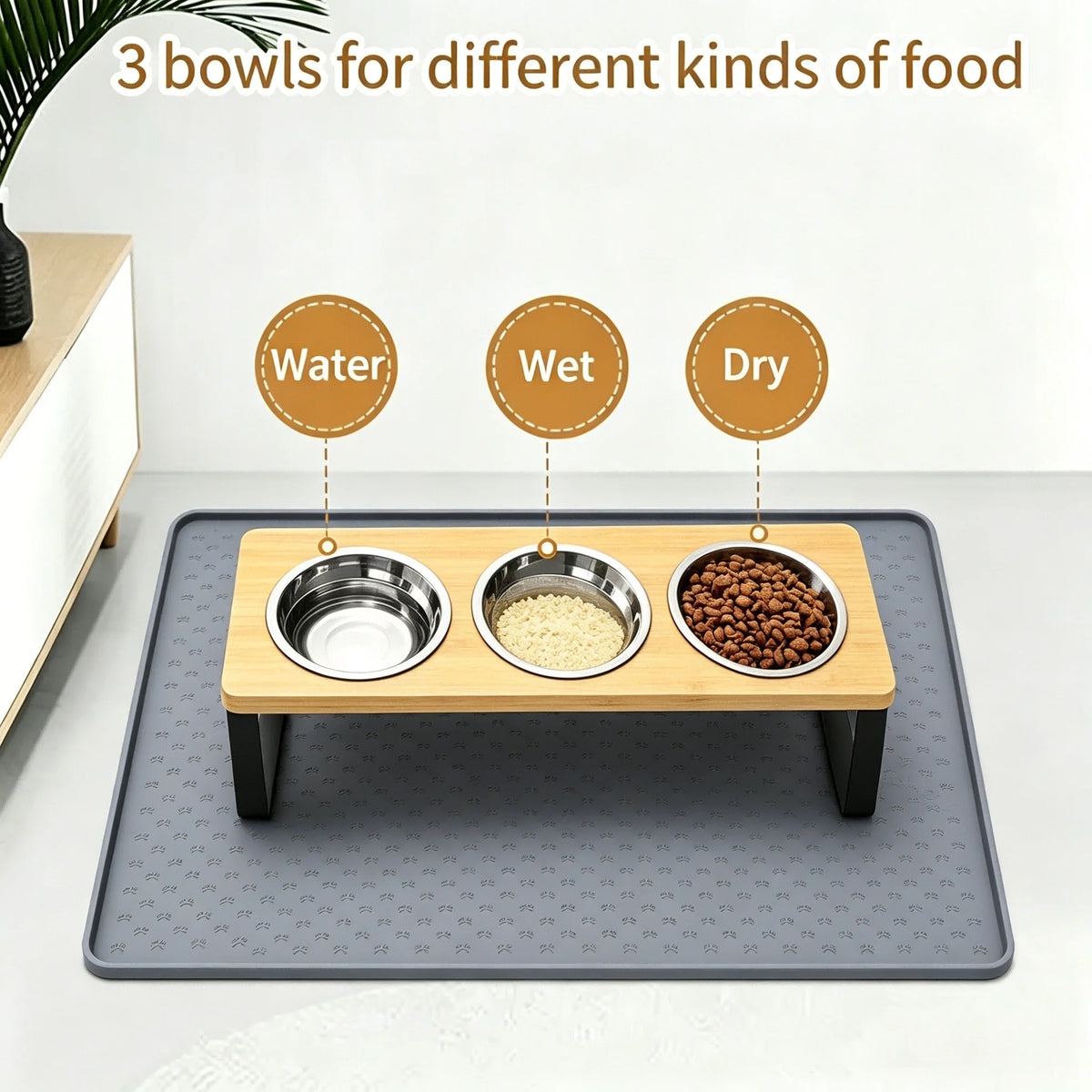 Elevated Stainless Steel Three Bowl Pet Feeder With Bamboo Base