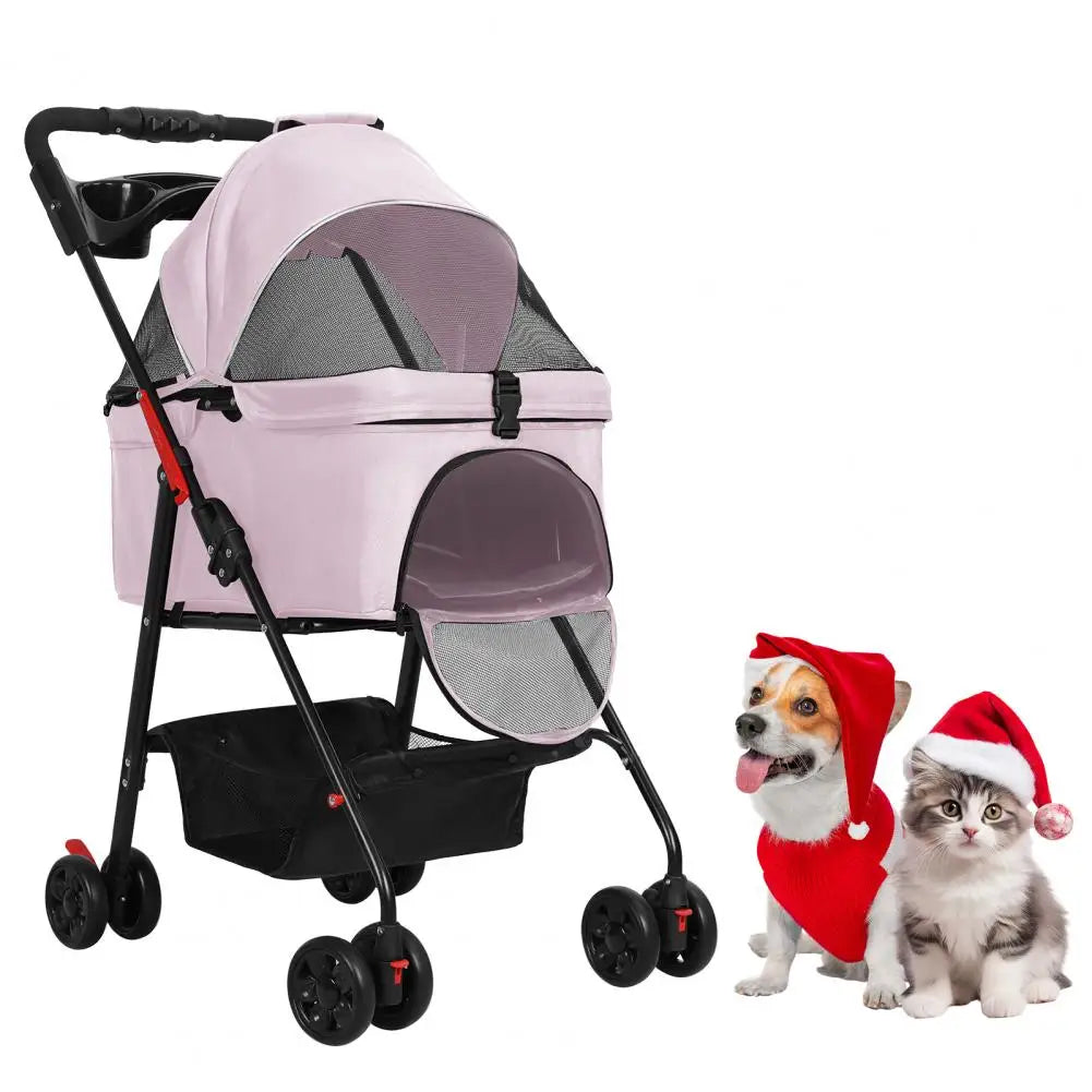 Four Wheeled Foldable Pet Stroller With Carrier Storage Basket