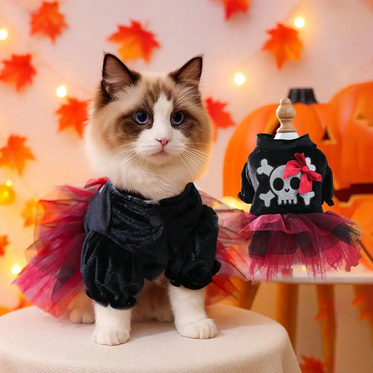 Decorative Bow Skull Pattern Tulle Halloween Pet Costume