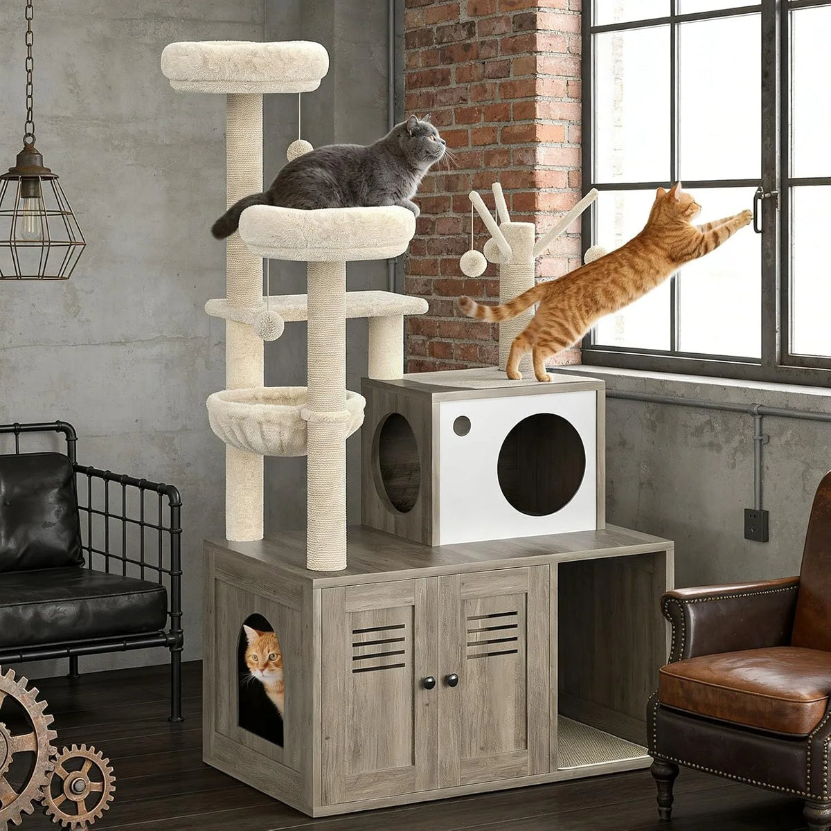 Modern Cat Tower With Hidden Litter Box Enclosure And Scratching Posts