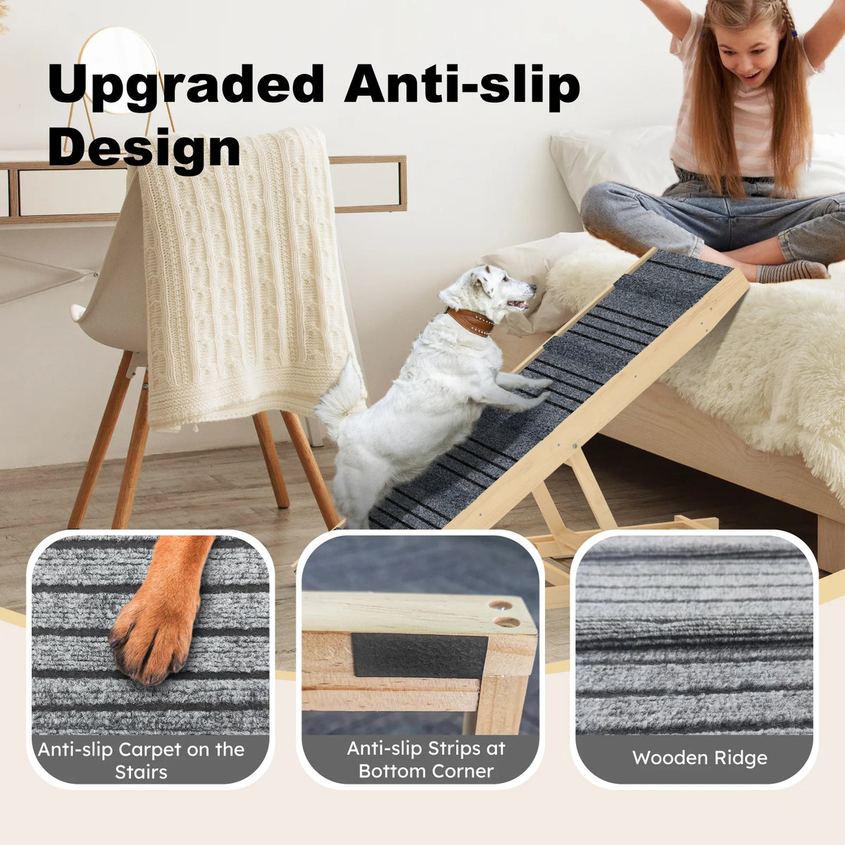 Evokeden Adjustable Wooden Folding Pet Ramp With Non Slip Surface