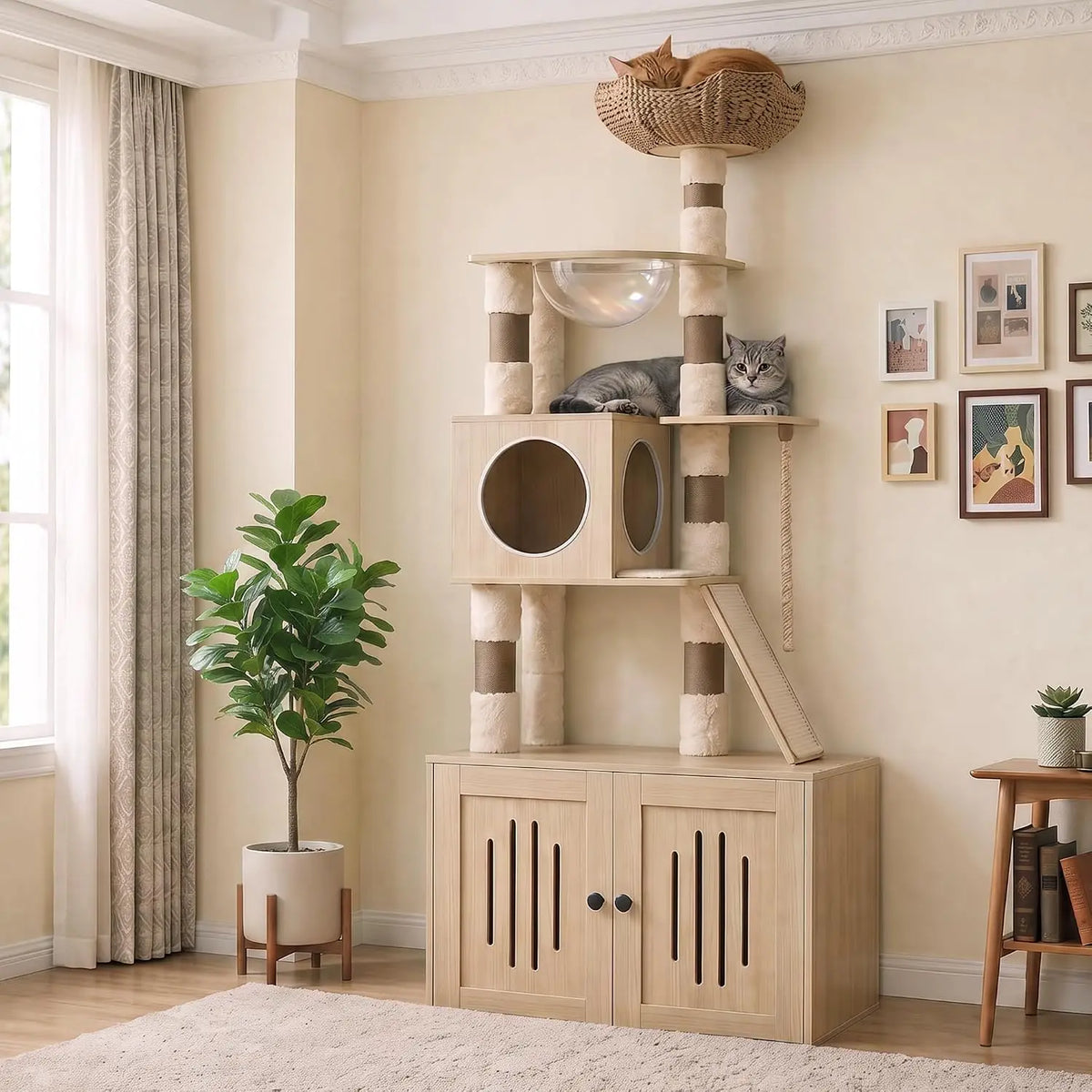 Twister Rattan Space Capsule Cat Condo With Litter Box Scratchers