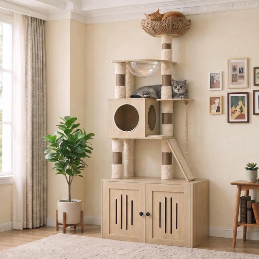 Twister Rattan Space Capsule Cat Condo With Litter Box Scratchers