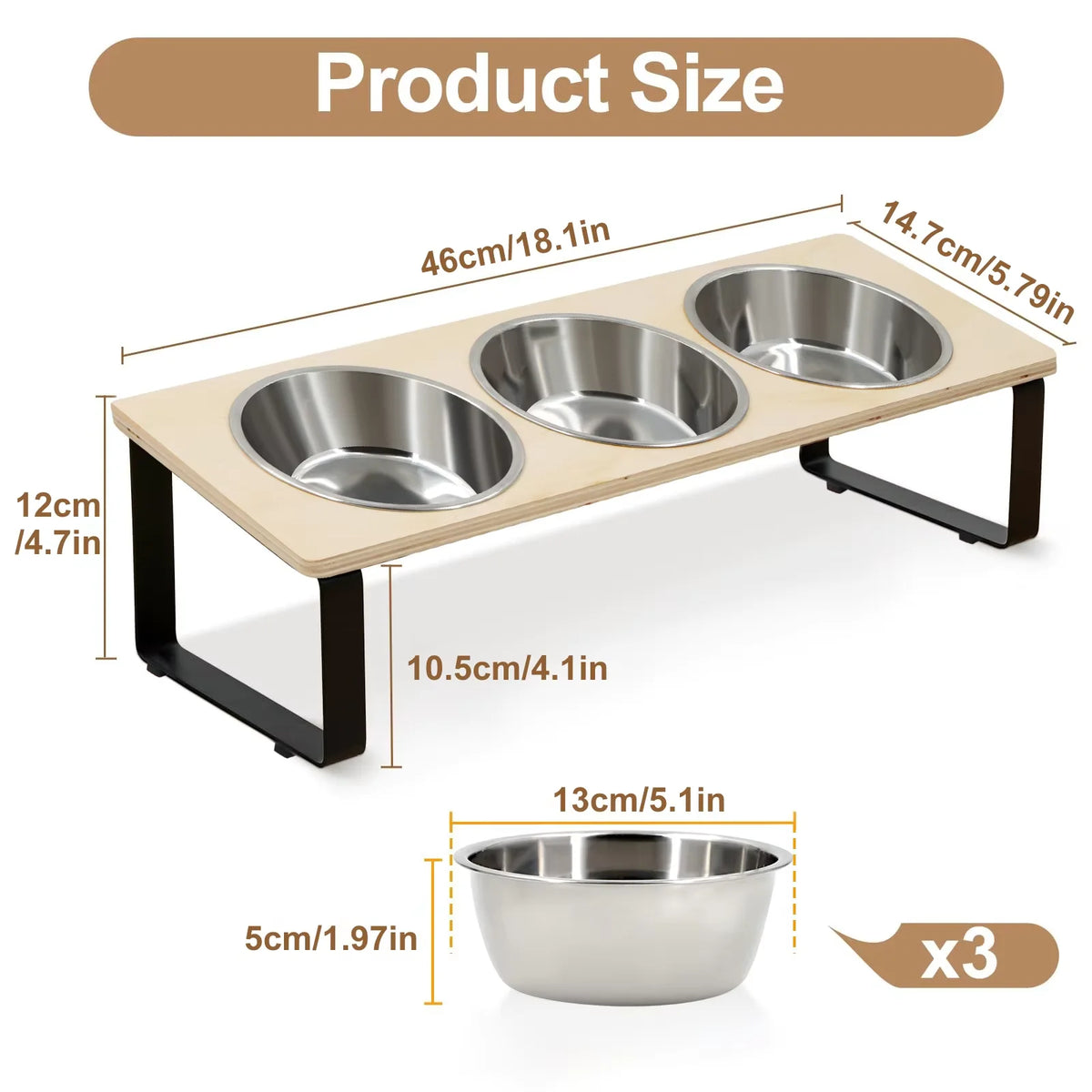 Elevated Stainless Steel Three Bowl Pet Feeder With Bamboo Base