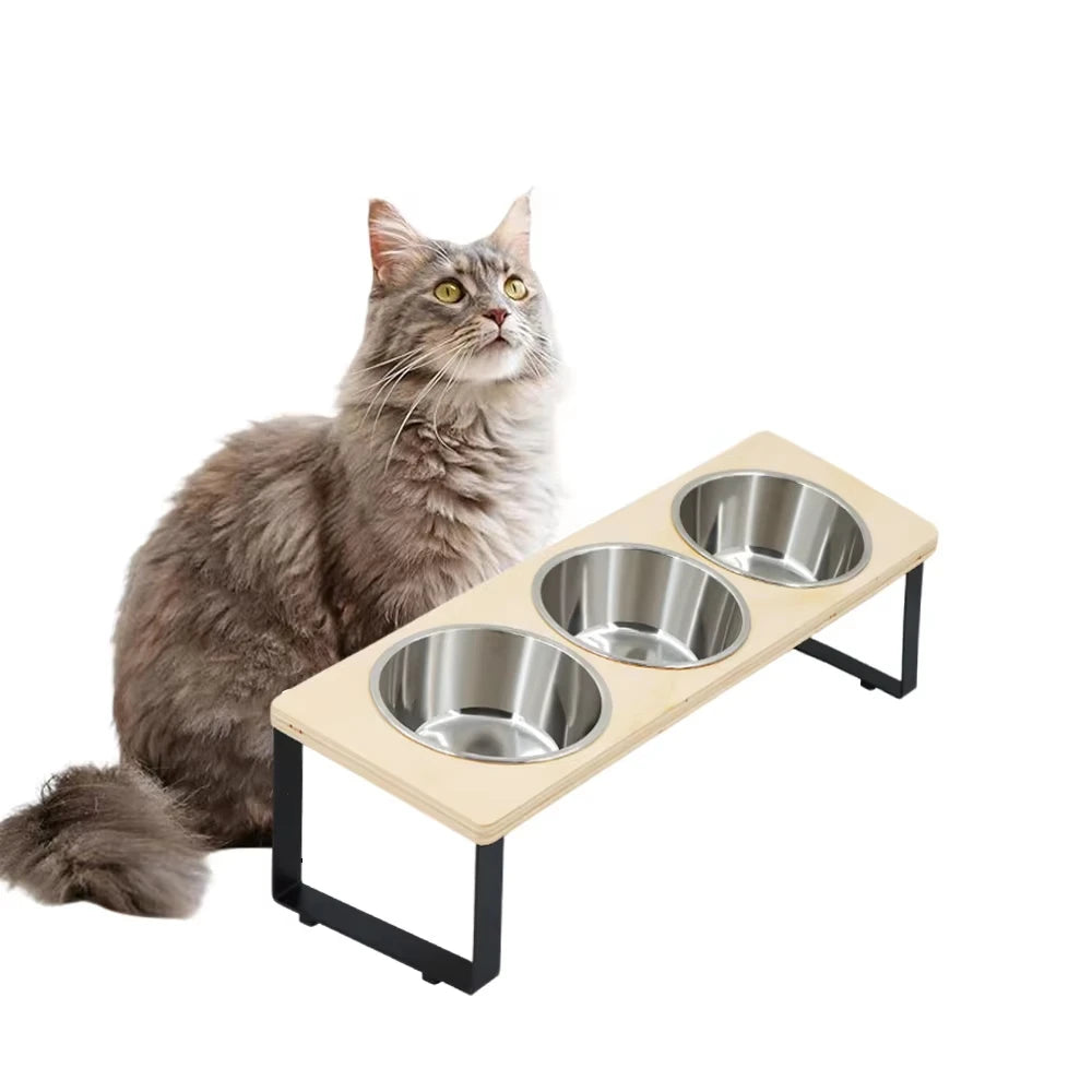 Elevated Stainless Steel Three Bowl Pet Feeder With Bamboo Base