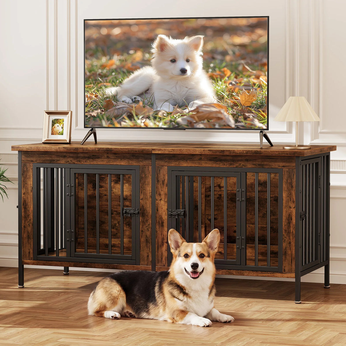 JHK Double Door Wooden Dog Kennel With Divider For Home