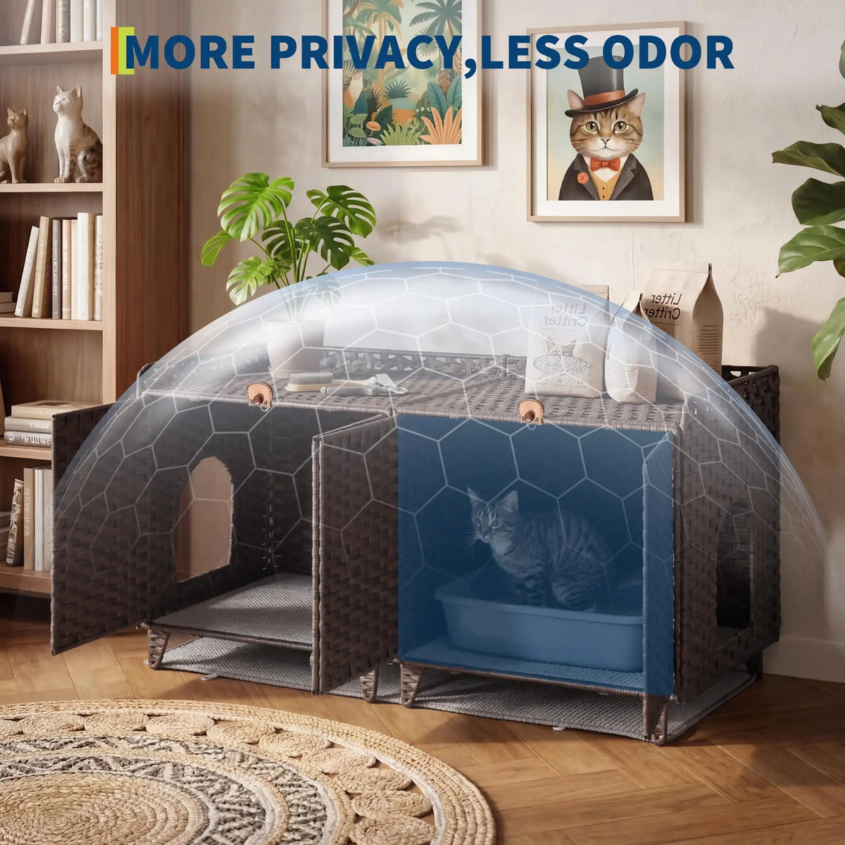 HiMISS Rattan Litter Box Enclosure, Hidden Furniture for Two Cats