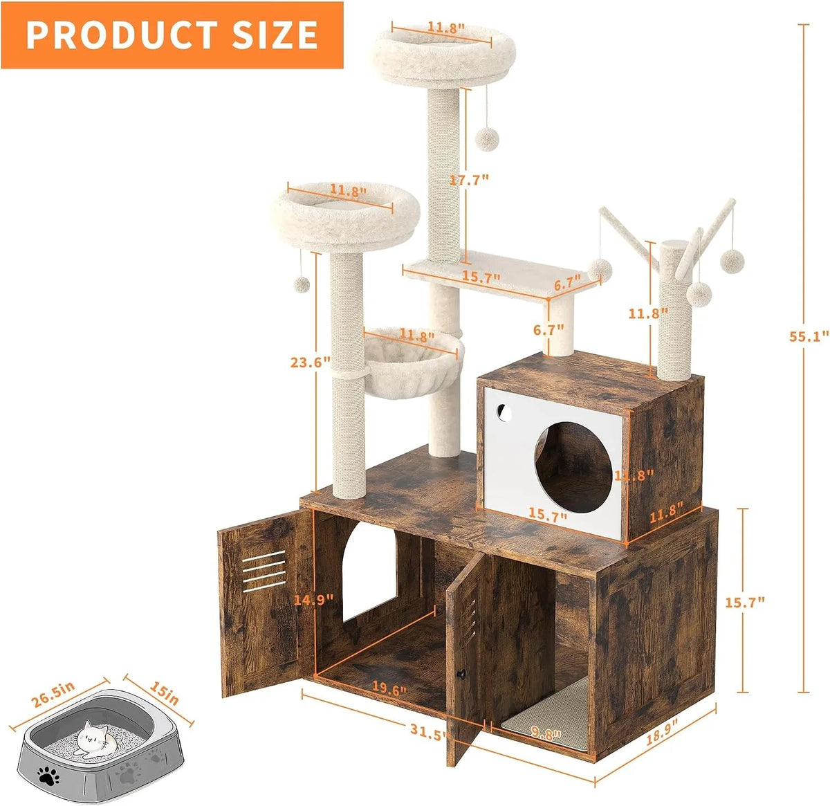 Modern Cat Tower With Hidden Litter Box Enclosure And Scratching Posts