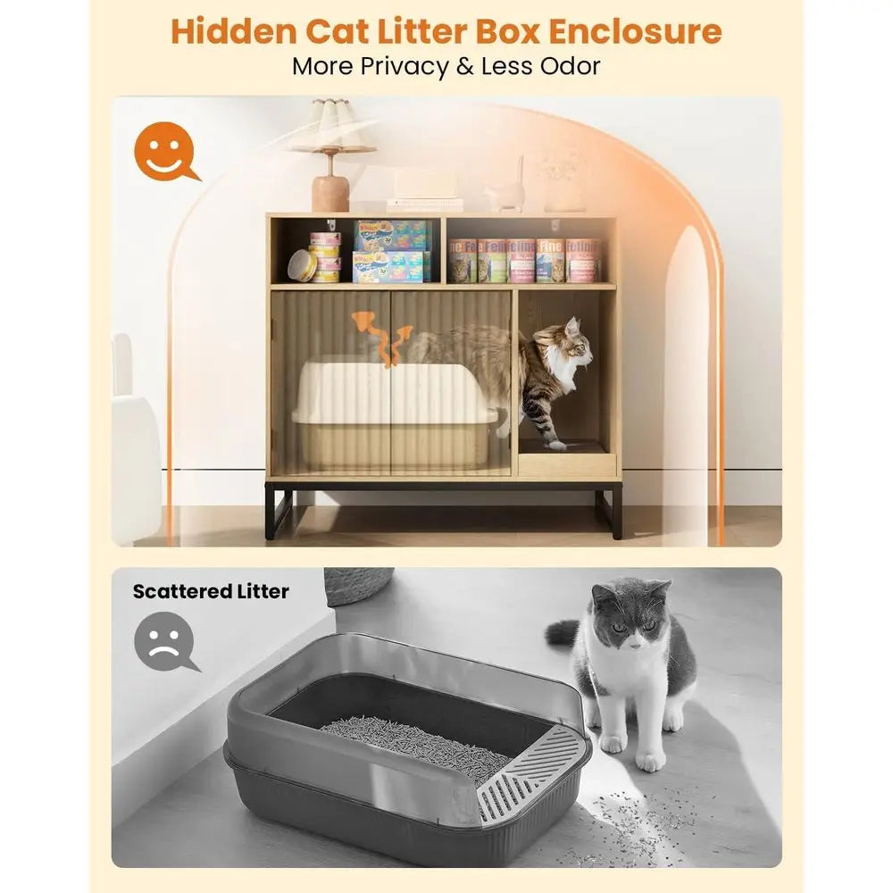 Modern Engineered Wood Cat Litter Box Enclosure With Scratching Pad
