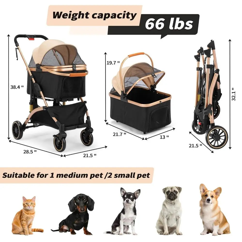 One Hand Fold Dog Stroller With Shock Absorbers And Basket