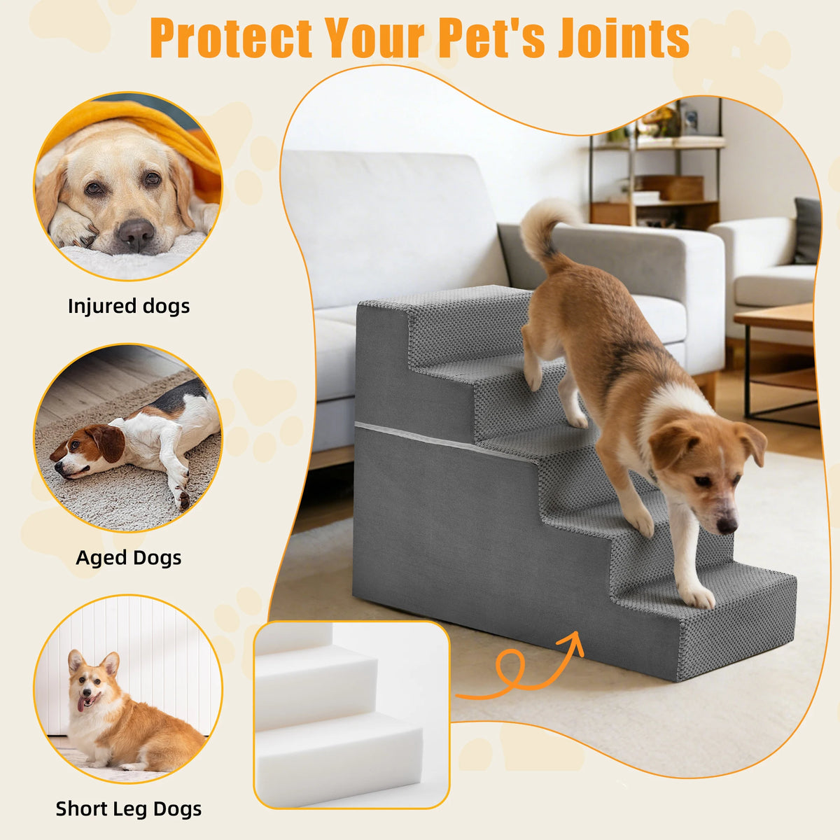 Curved Foam Dog Stairs Ramp for Gentle Indoor Pet Climbing