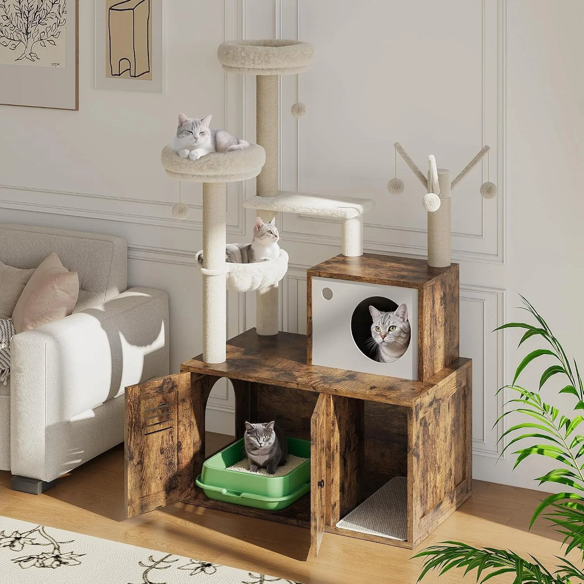Modern Cat Tower With Hidden Litter Box Enclosure And Scratching Posts