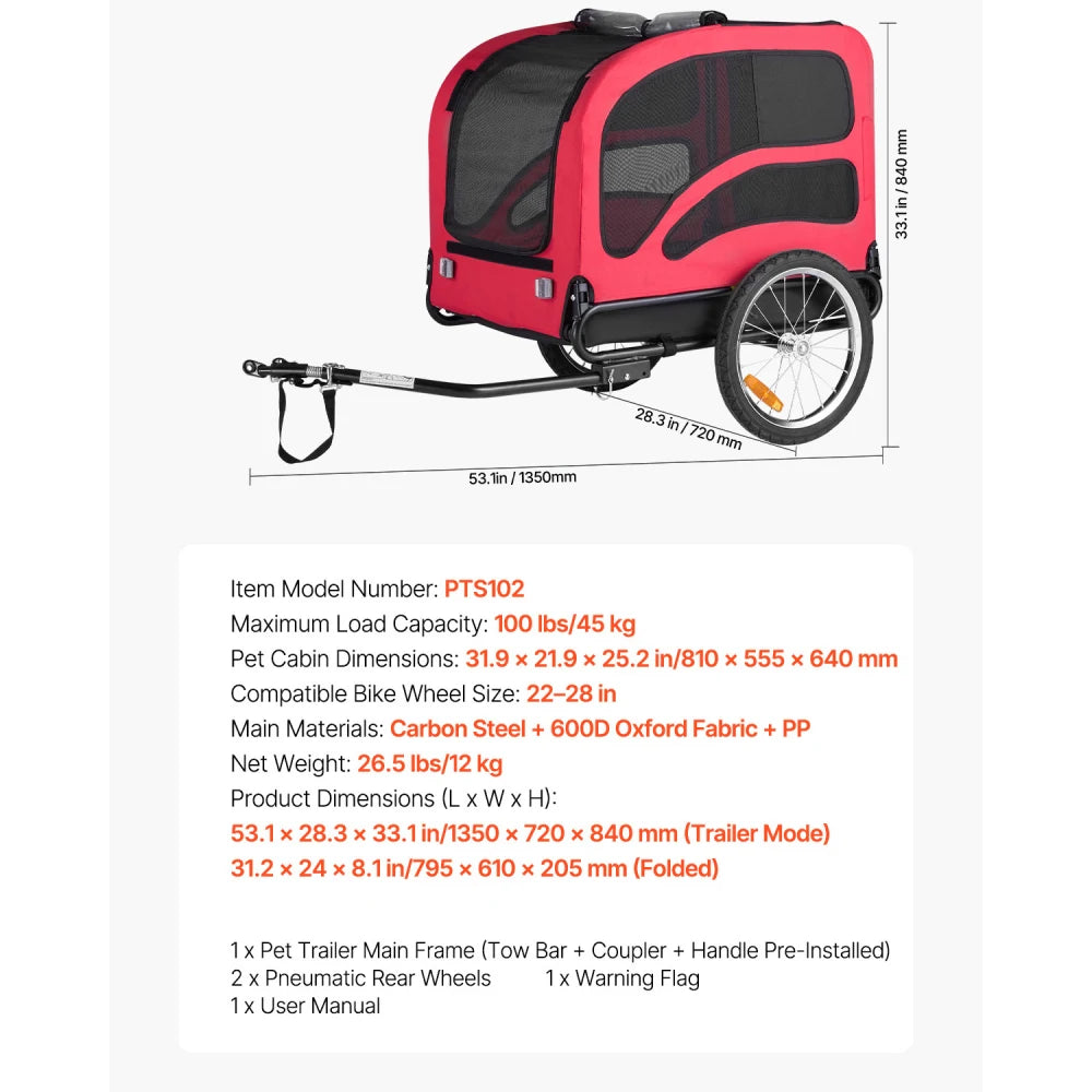 Foldable Dog Bike Trailer With Spacious Ventilated Cabin