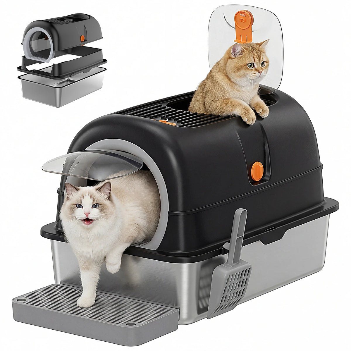 Stainless Steel Fully Enclosed Cat Litter Box Scoop And Mat