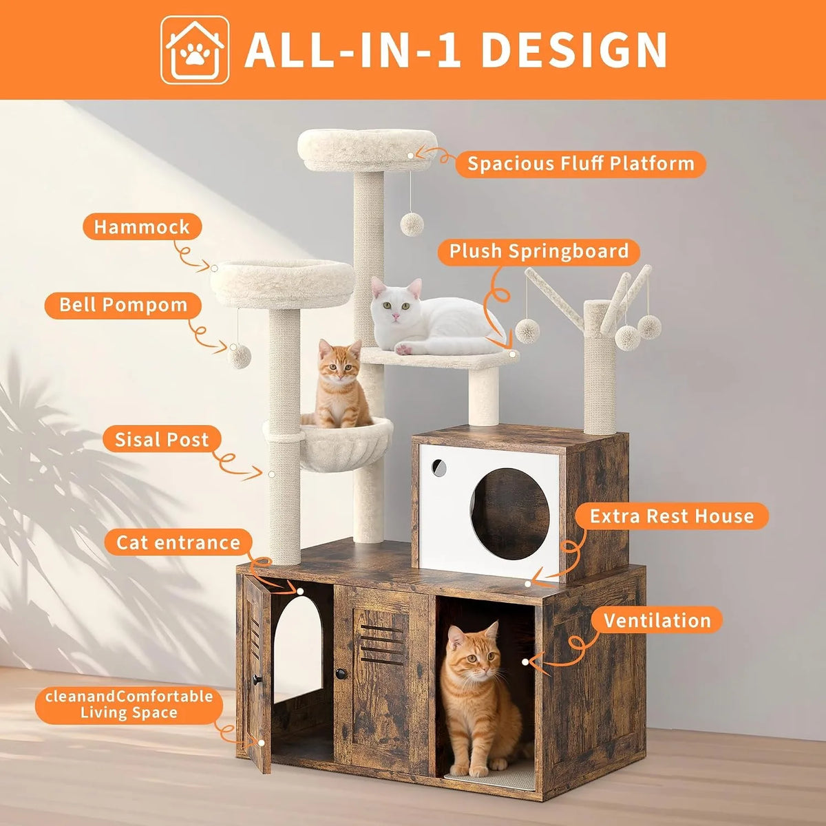 Modern Cat Tower With Hidden Litter Box Enclosure And Scratching Posts