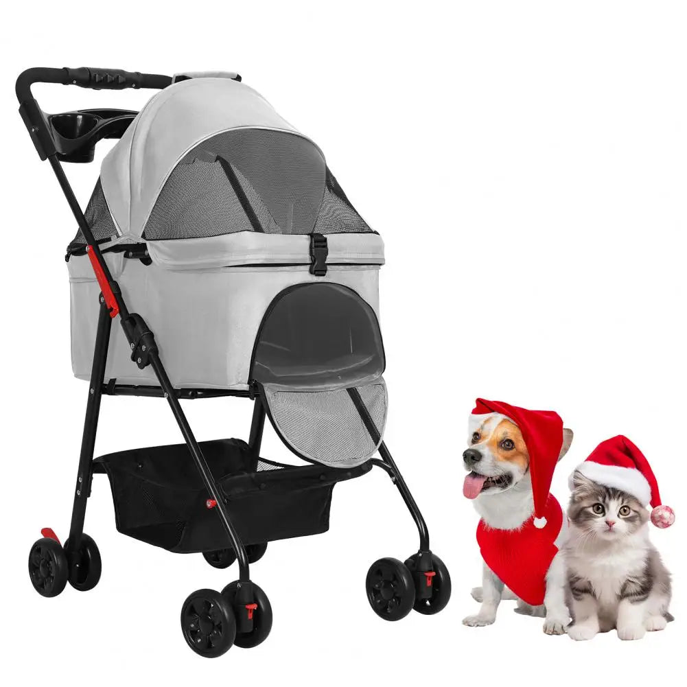 Four Wheeled Foldable Pet Stroller With Carrier Storage Basket