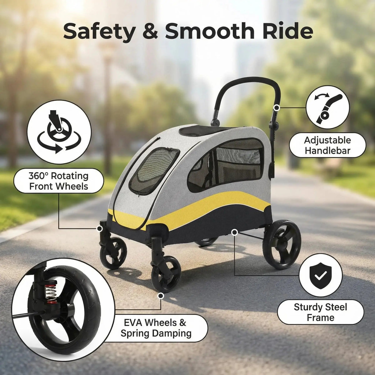 Extra Large Collapsible Dog Stroller with Shock Absorbing Wheels