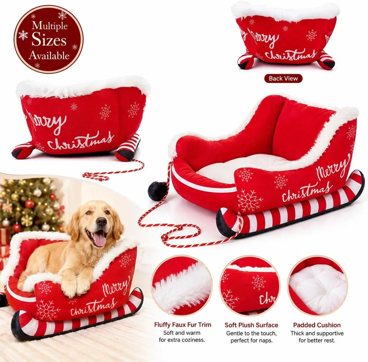 Christmas Sleigh Dog Bed with Raised Sides and Plush Comfort