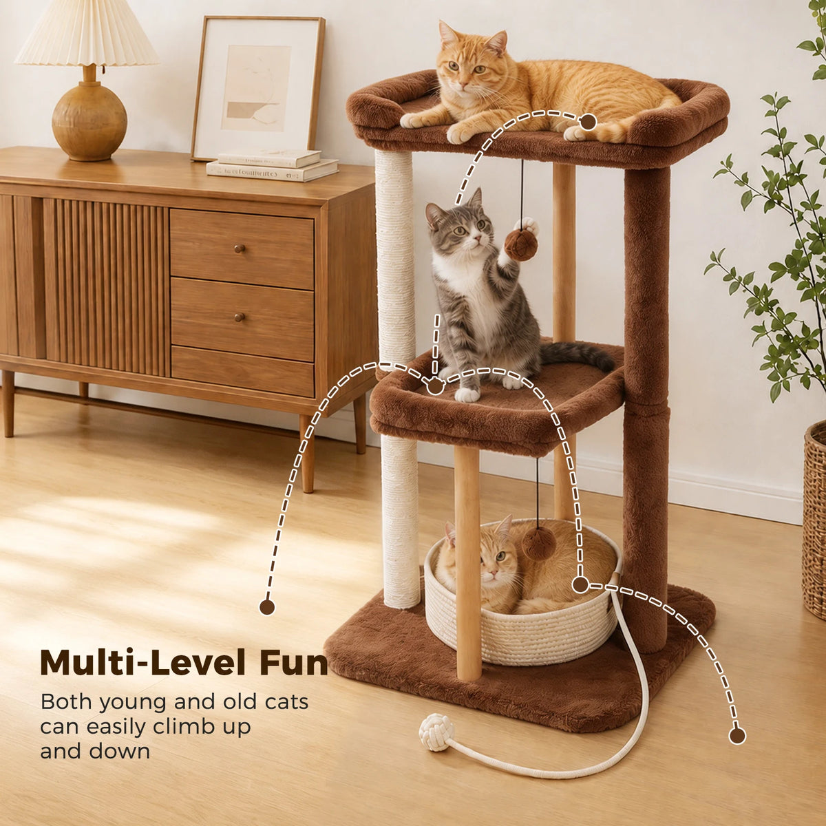 PAWZ Road Wooden Cat Tree With Scratching Posts Removable Bed