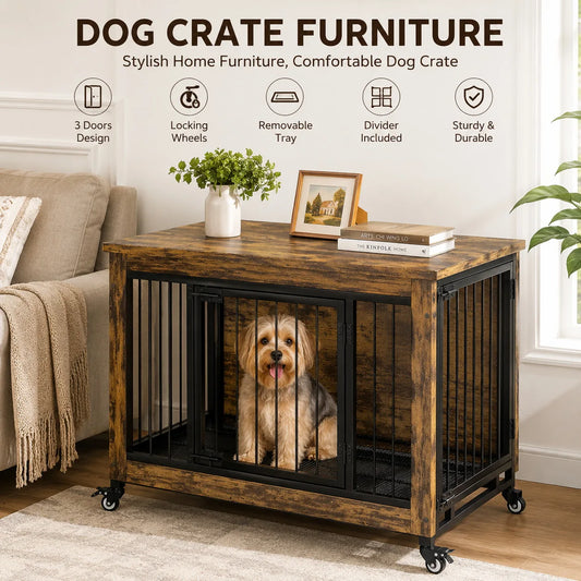 ANIXOL Wooden Dog Crate Furniture With Removable Tray Divider