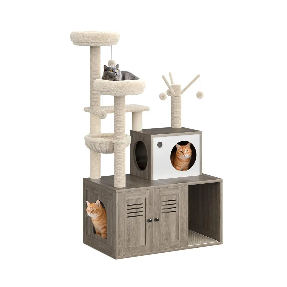 Modern Cat Tower With Hidden Litter Box Enclosure And Scratching Posts