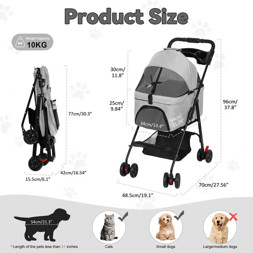 Four Wheeled Foldable Pet Stroller With Carrier Storage Basket