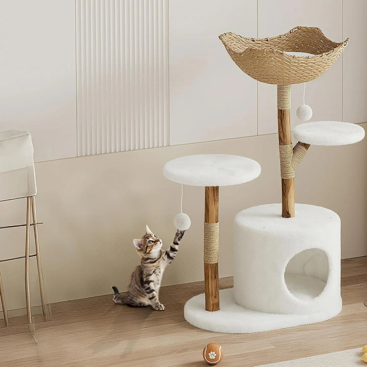 HOSSLLY Wooden Rattan Cat Tree Tower Multi Level Climbing Perches