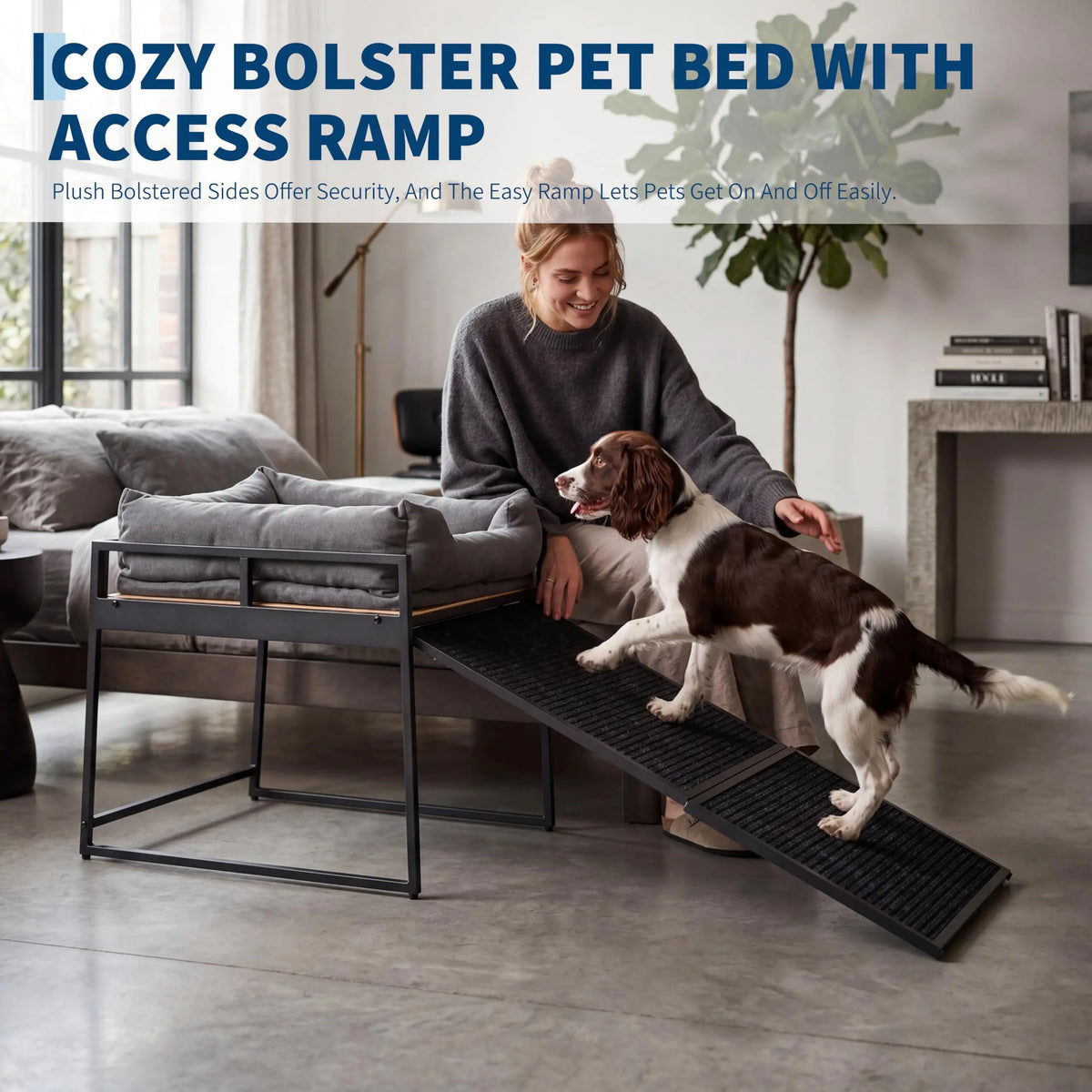 Elevated Dog Bed Platform With Cushioned Ramp And Sturdy Frame