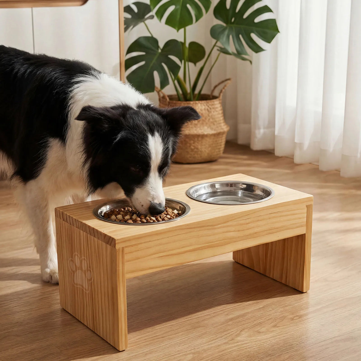 Elevated Wooden Dog Feeder Stand With Dual Stainless Bowls