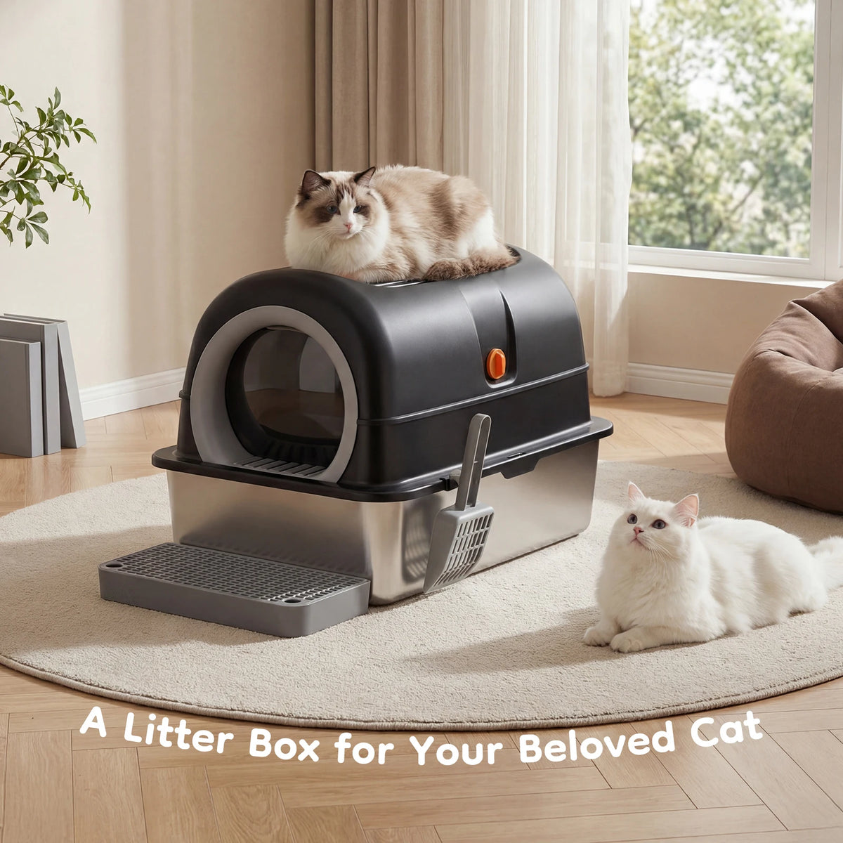 Stainless Steel Fully Enclosed Cat Litter Box Scoop And Mat
