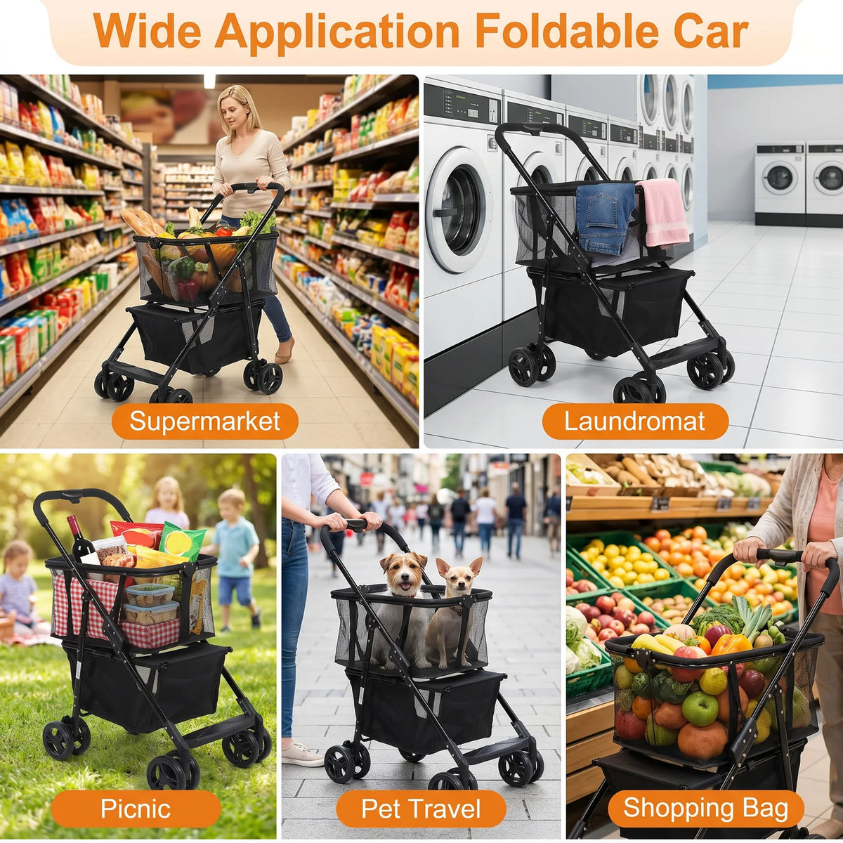Heavy Duty Foldable Pet Stroller And Shopping Cart With Brakes