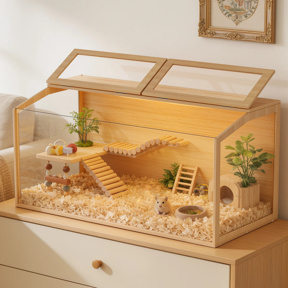 Chew Proof Wooden Hamster Cage With Glass And Led Lighting
