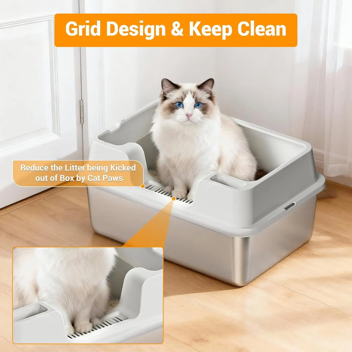HiMISS Stainless Steel Cat Litter Box With High Sides and Nonstick Base