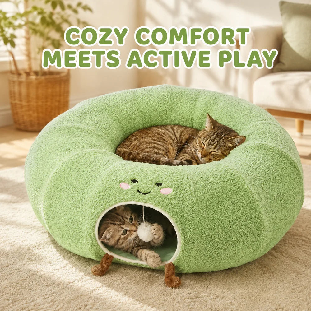 Convertible Cat Tunnel Bed With Plush Cushion And Play Hideaway