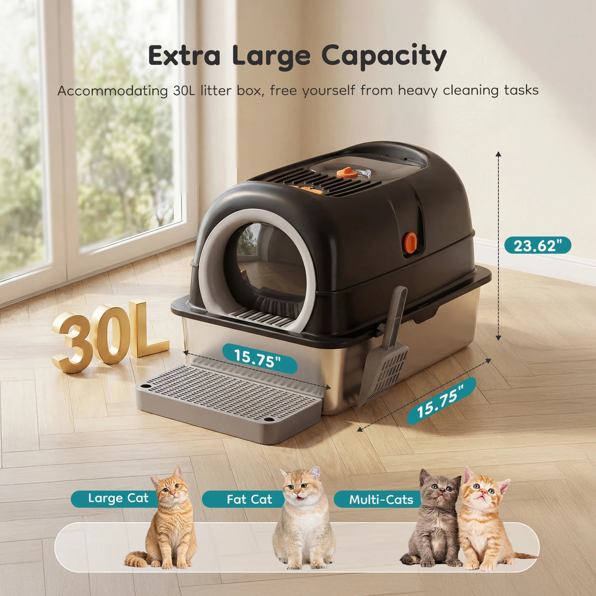 Stainless Steel Fully Enclosed Cat Litter Box Scoop And Mat