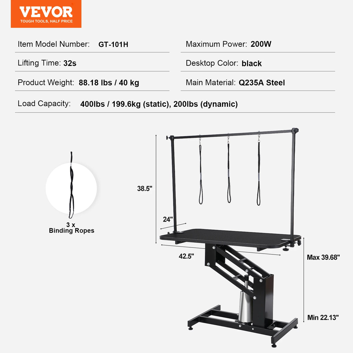VEVOR Hydraulic Pet Grooming Table Adjustable Height Safety Arm