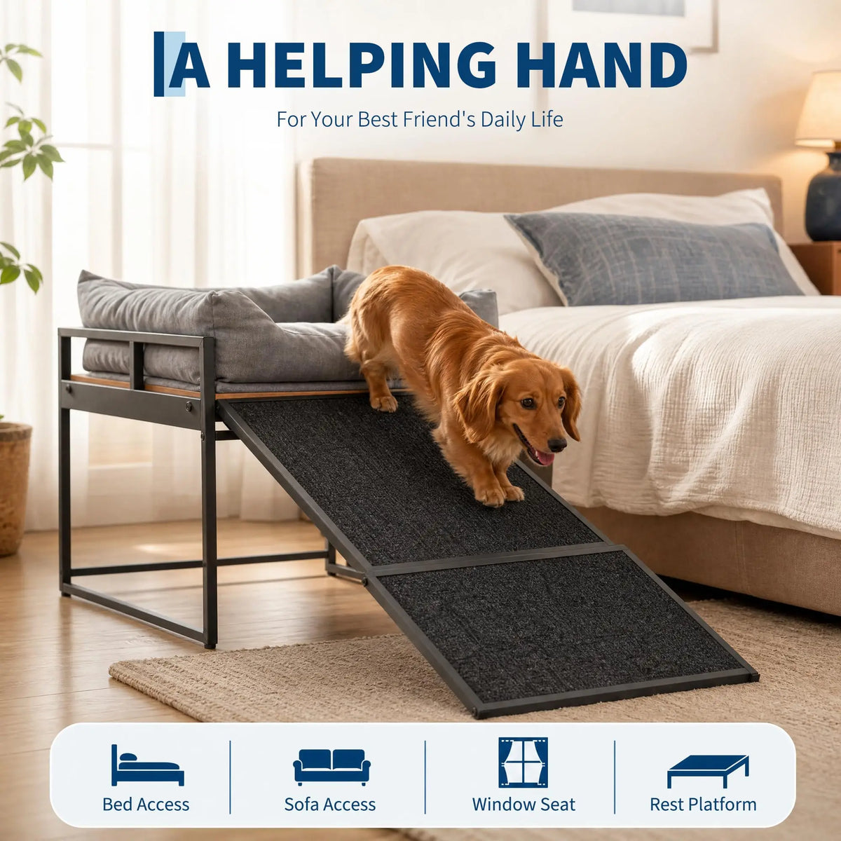 Elevated Dog Bed Platform With Cushioned Ramp And Sturdy Frame