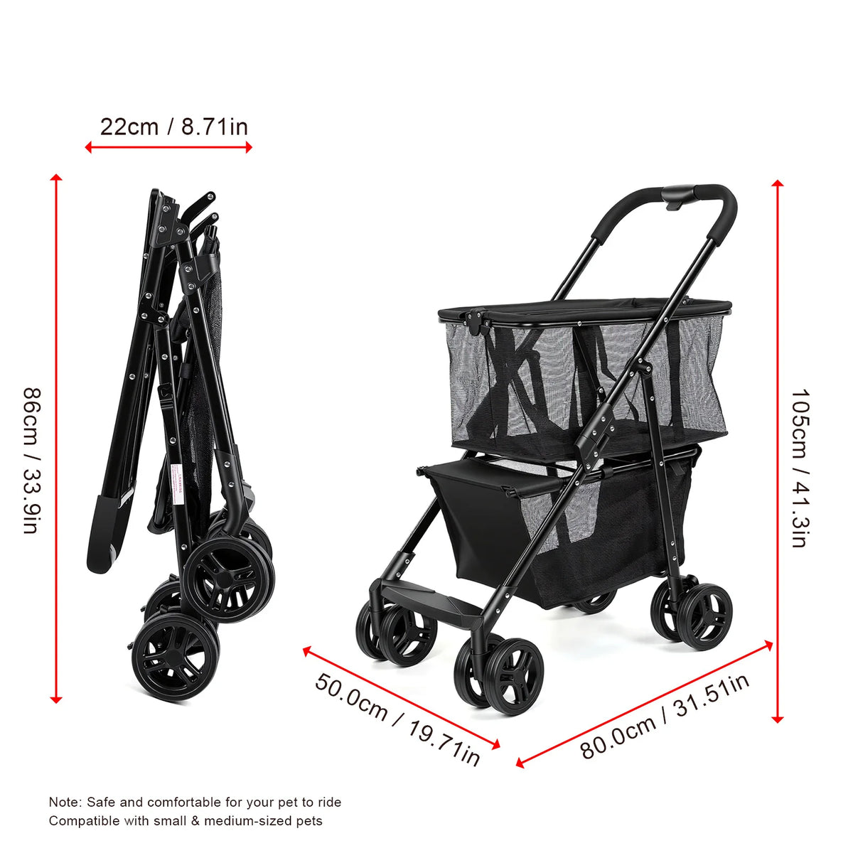 Heavy Duty Foldable Pet Stroller And Shopping Cart With Brakes
