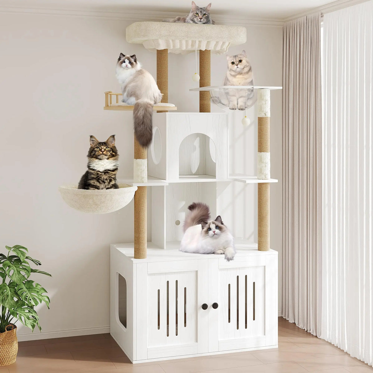 HOSSLLY Cat Tree Featuring Hidden Litter Box And Scratching Posts