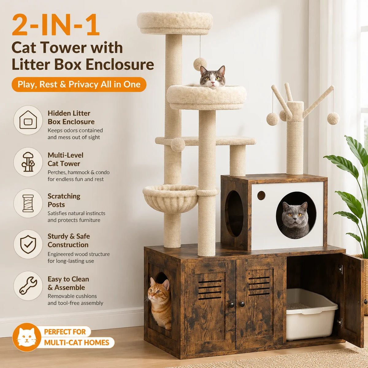 Modern Cat Tower With Hidden Litter Box Enclosure And Scratching Posts