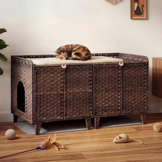HiMISS Rattan Litter Box Enclosure, Hidden Furniture for Two Cats