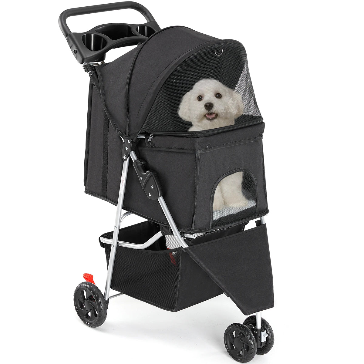 Foldable Three Wheel Pet Stroller For Small Dogs With Basket