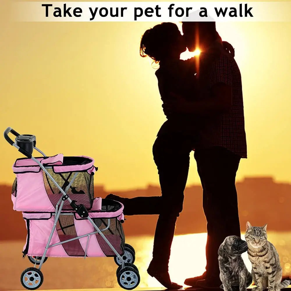 Versatile Double Pet Stroller With Folding Frame And Cup Holder