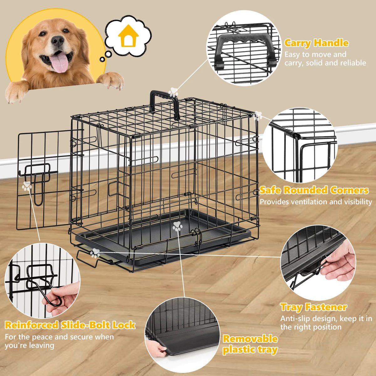 JHK Foldable Metal Dog Crate With Lock And Removable Tray
