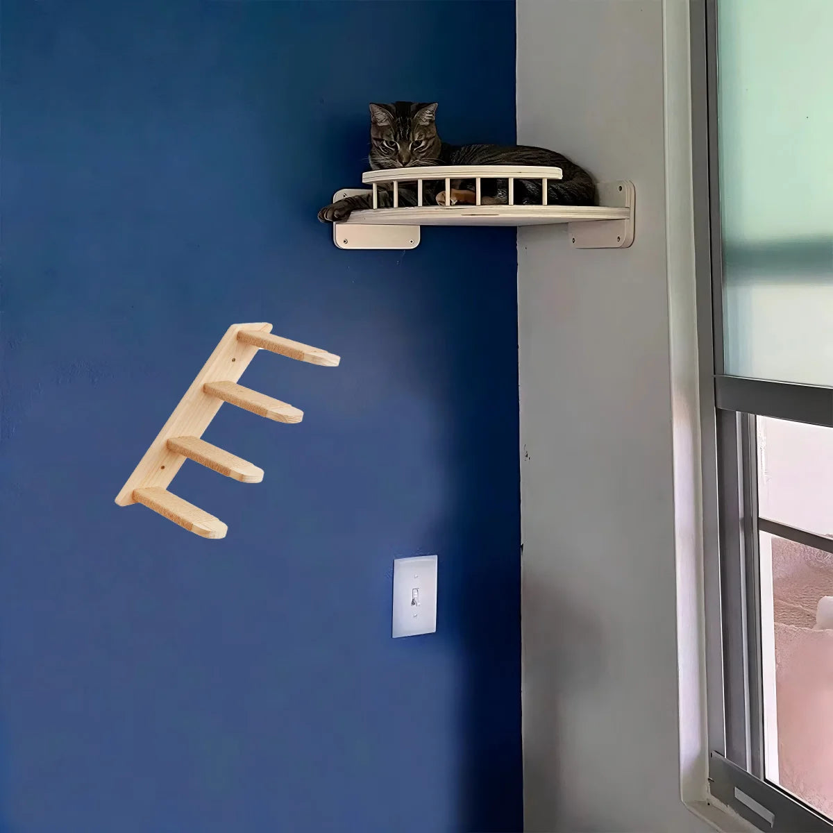 CWV Pine Wood Wall Mounted Indoor Cat Climbing Tree Shelf