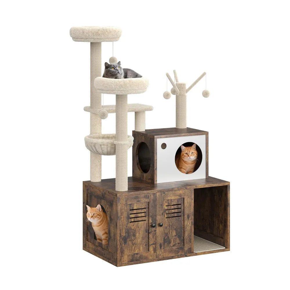 Modern Cat Tower With Hidden Litter Box Enclosure And Scratching Posts
