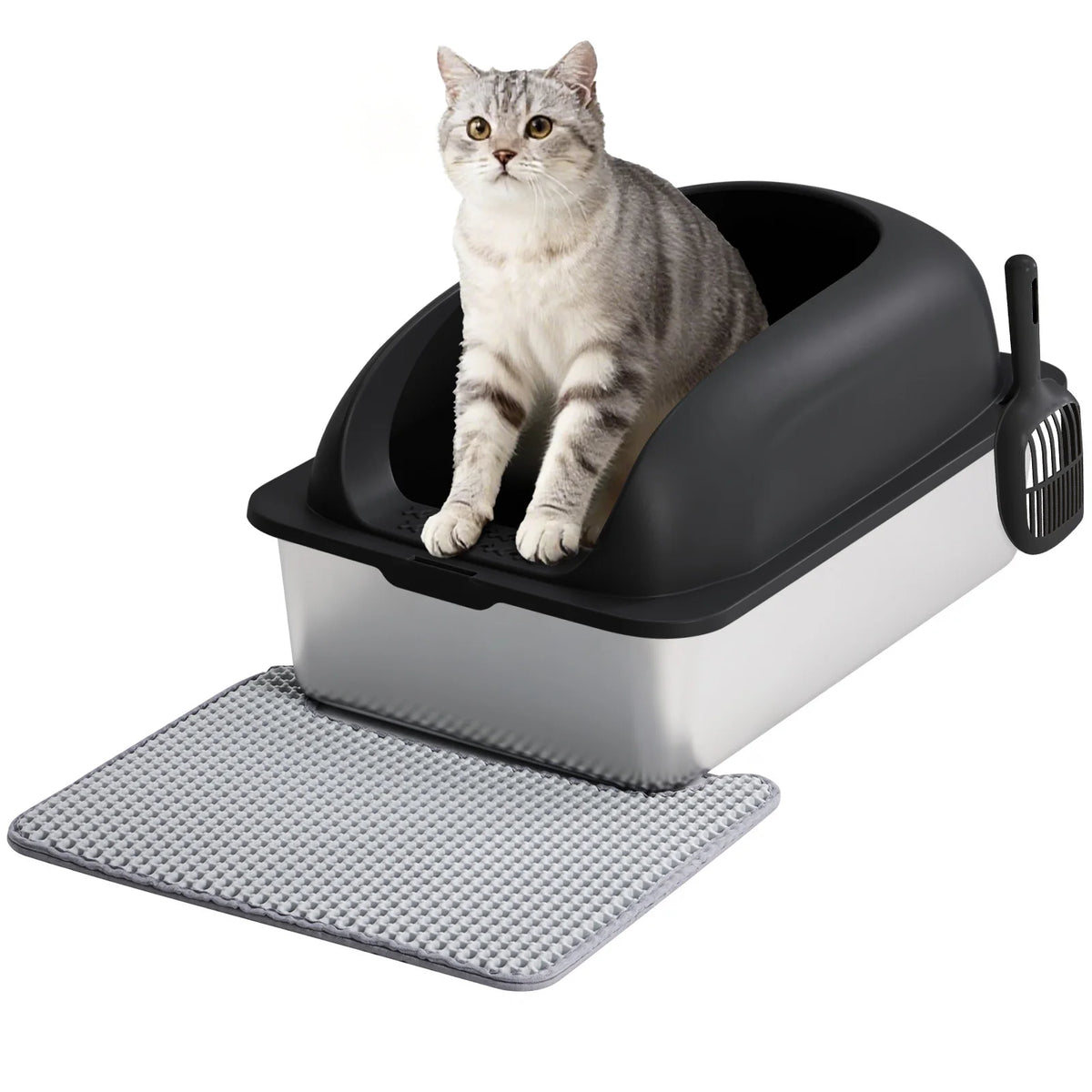 JHK Stainless Steel Litter Box With Lid Scoop And Mat